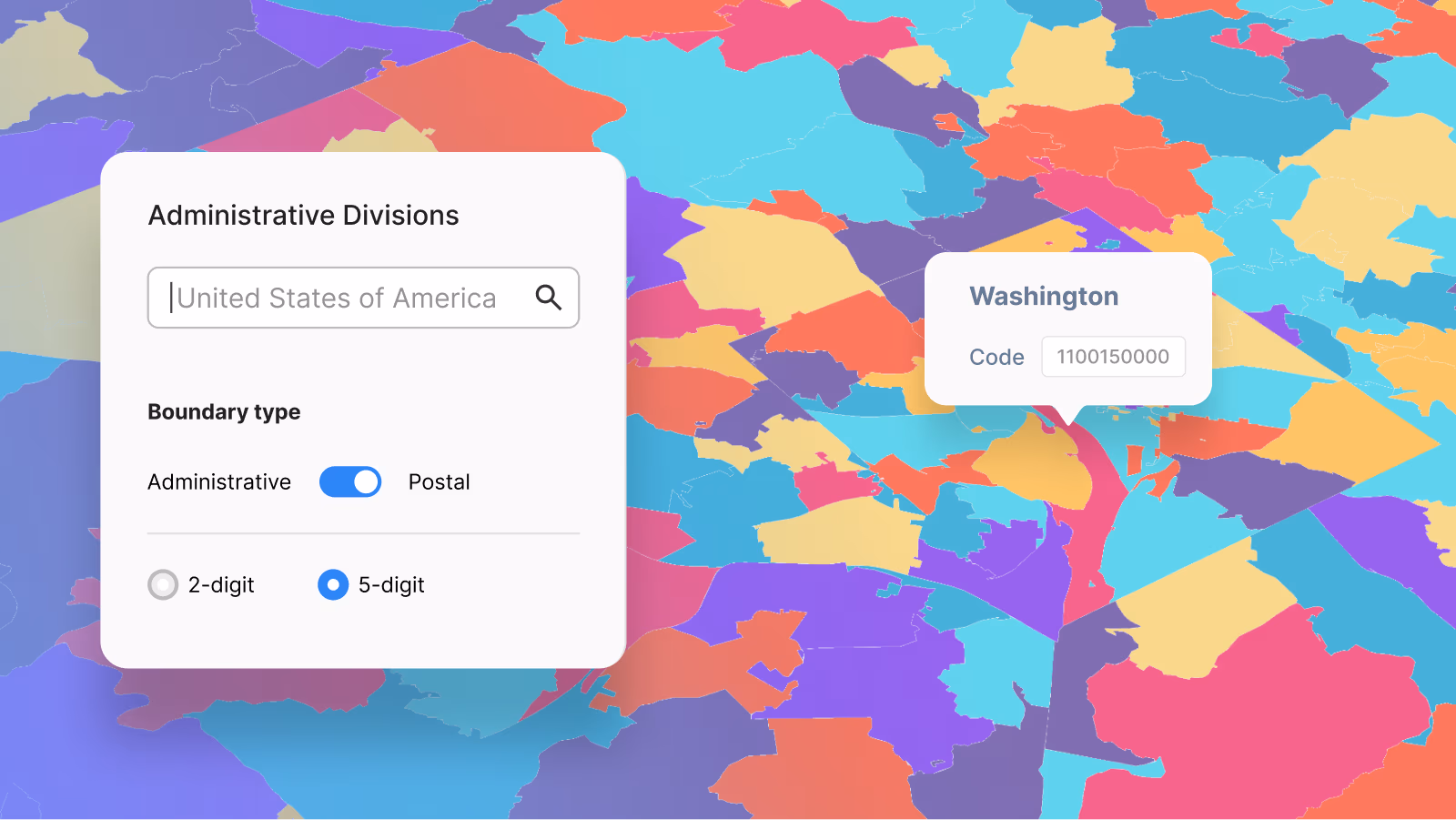 Detailed boundary view with UI controls switching between administrative divisions and 5-digit postal boundaries