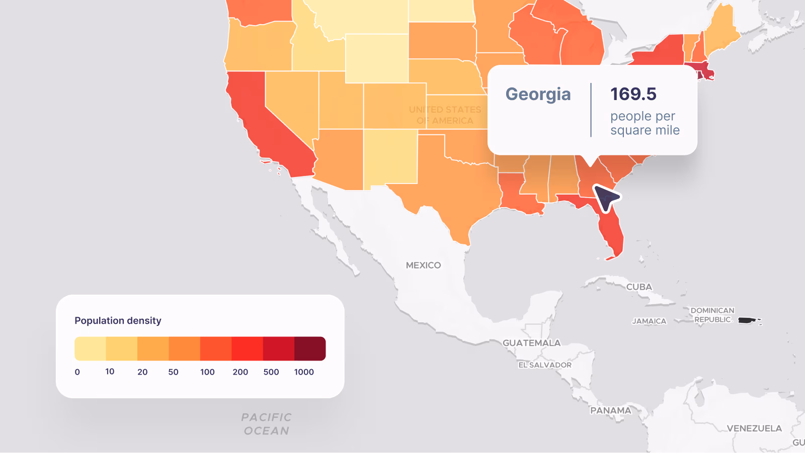 Choropleth heat map displaying population density metrics by geographic region
