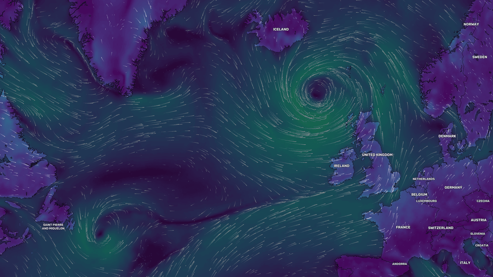 Storm system visualized on a map with a wind layer