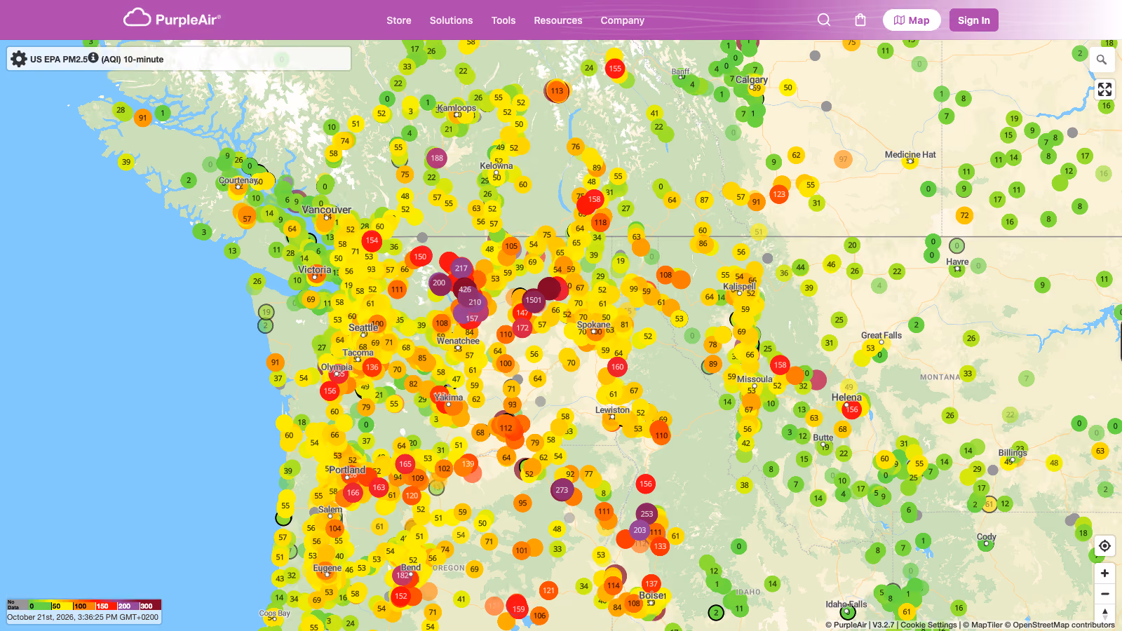 PurpleAir map showing wildfire smoke levels from crowdsourced sensors