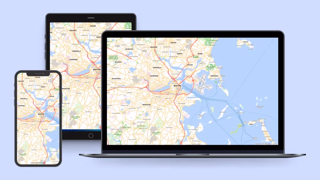 mobile, computer, and tablet with a map