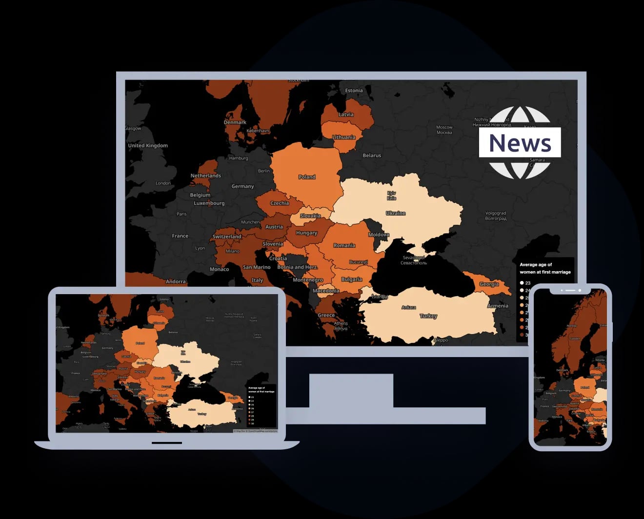 Interactive maps in news on various devices