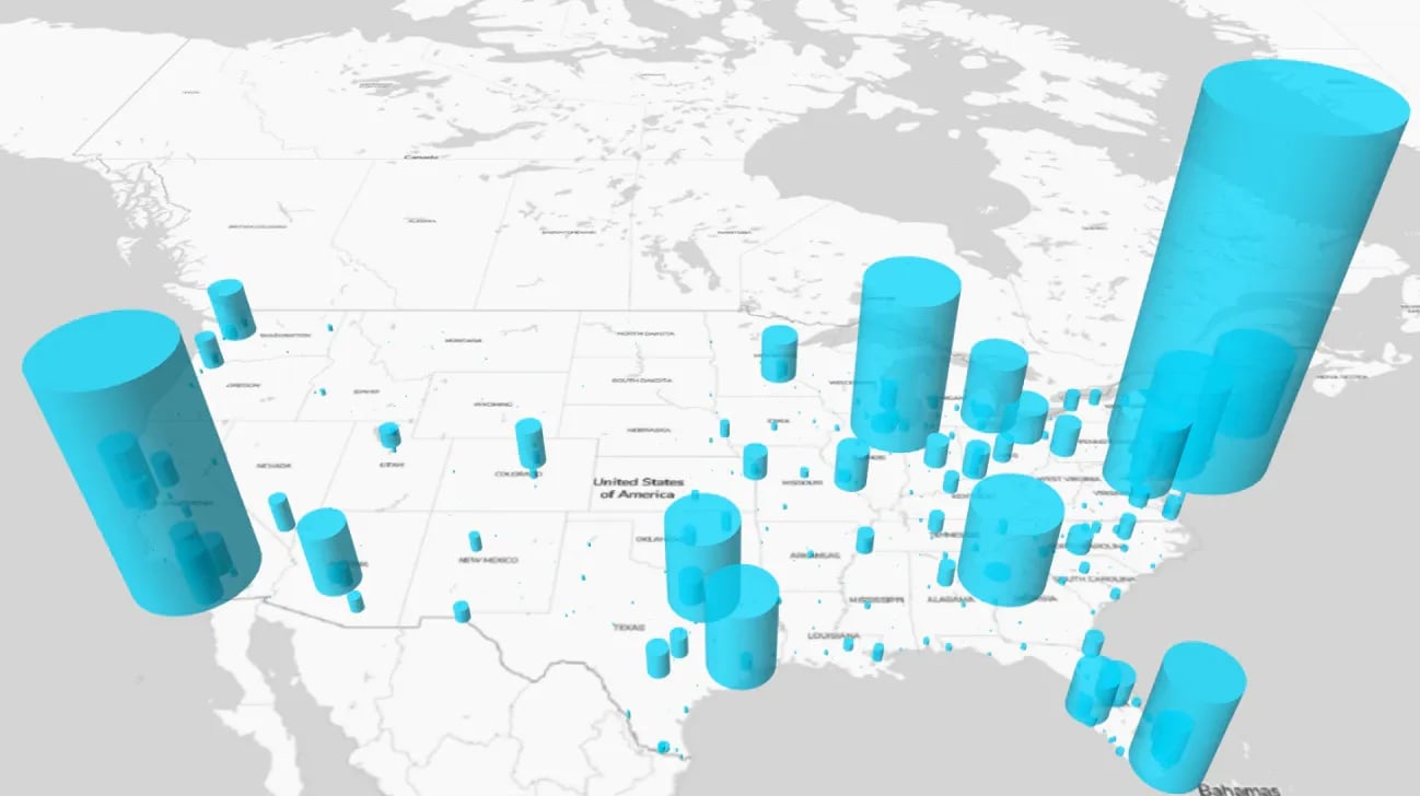 Light map of USA with population
