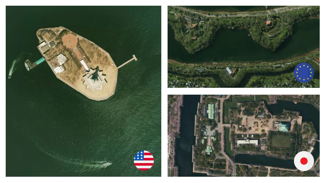 high-resolution aerial imagery of europe (germany, france, italy, switzerland, netherlands, denmark), united states of america (USA) and Japan