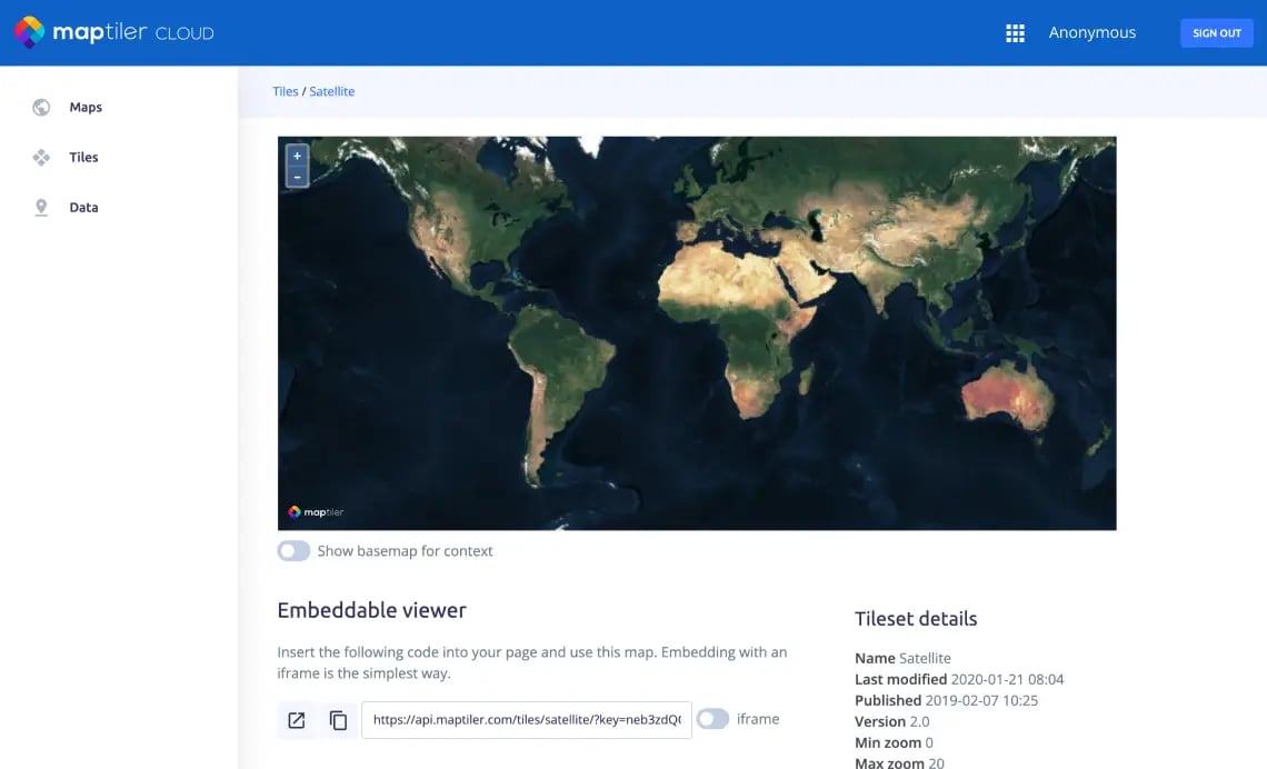 MapTiler Cloud with detailed satellite imagery of the entire world