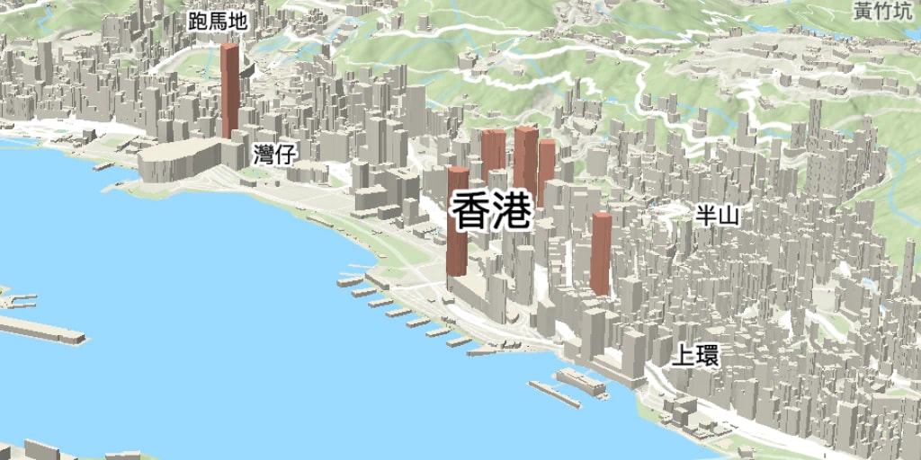 3D buildings highlighted in Hong Kong