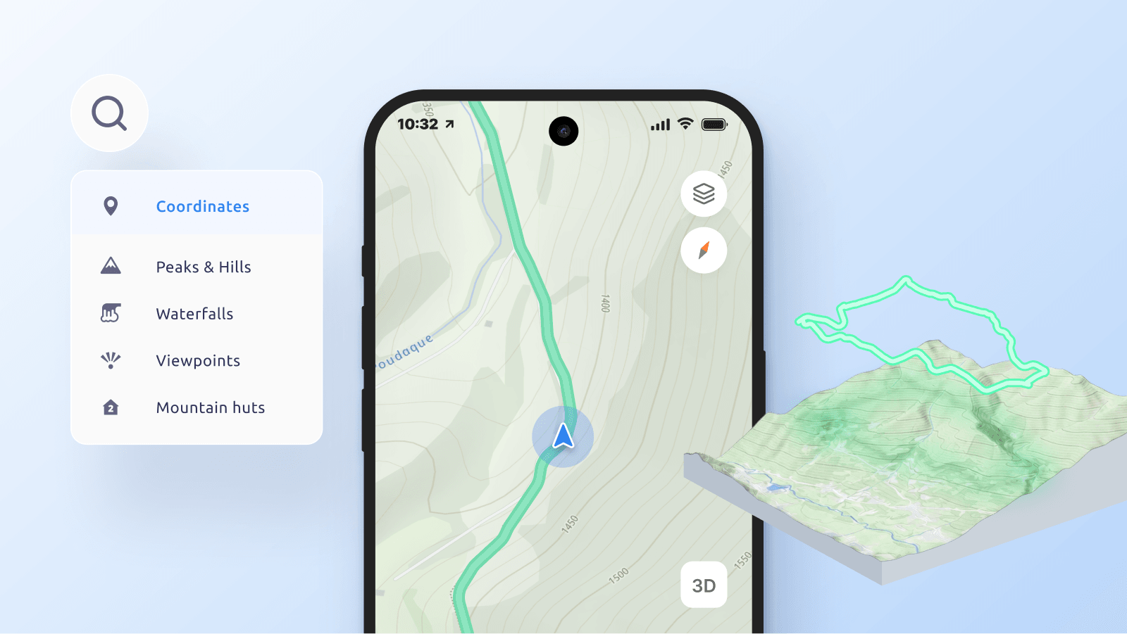 Hiking app with search and 3D terrain