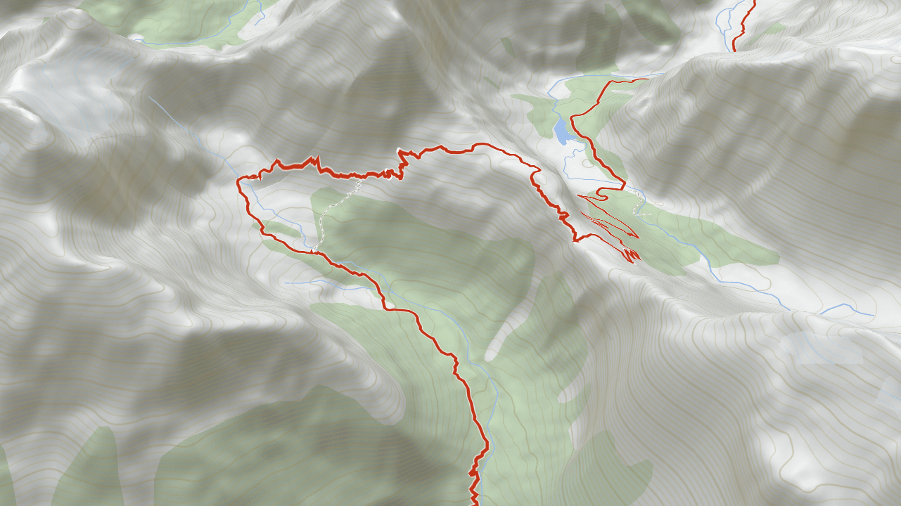 3D visualization on a hiking map with a red trail