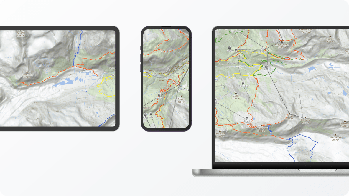 Hiking map for laptop, mobile phone (iOS and Android), and tablet
