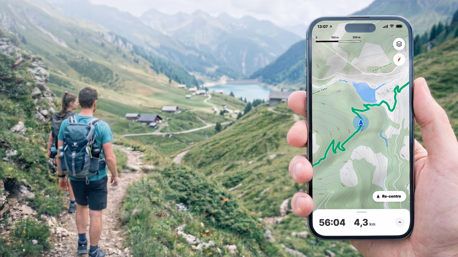 Hikers with a mobile application