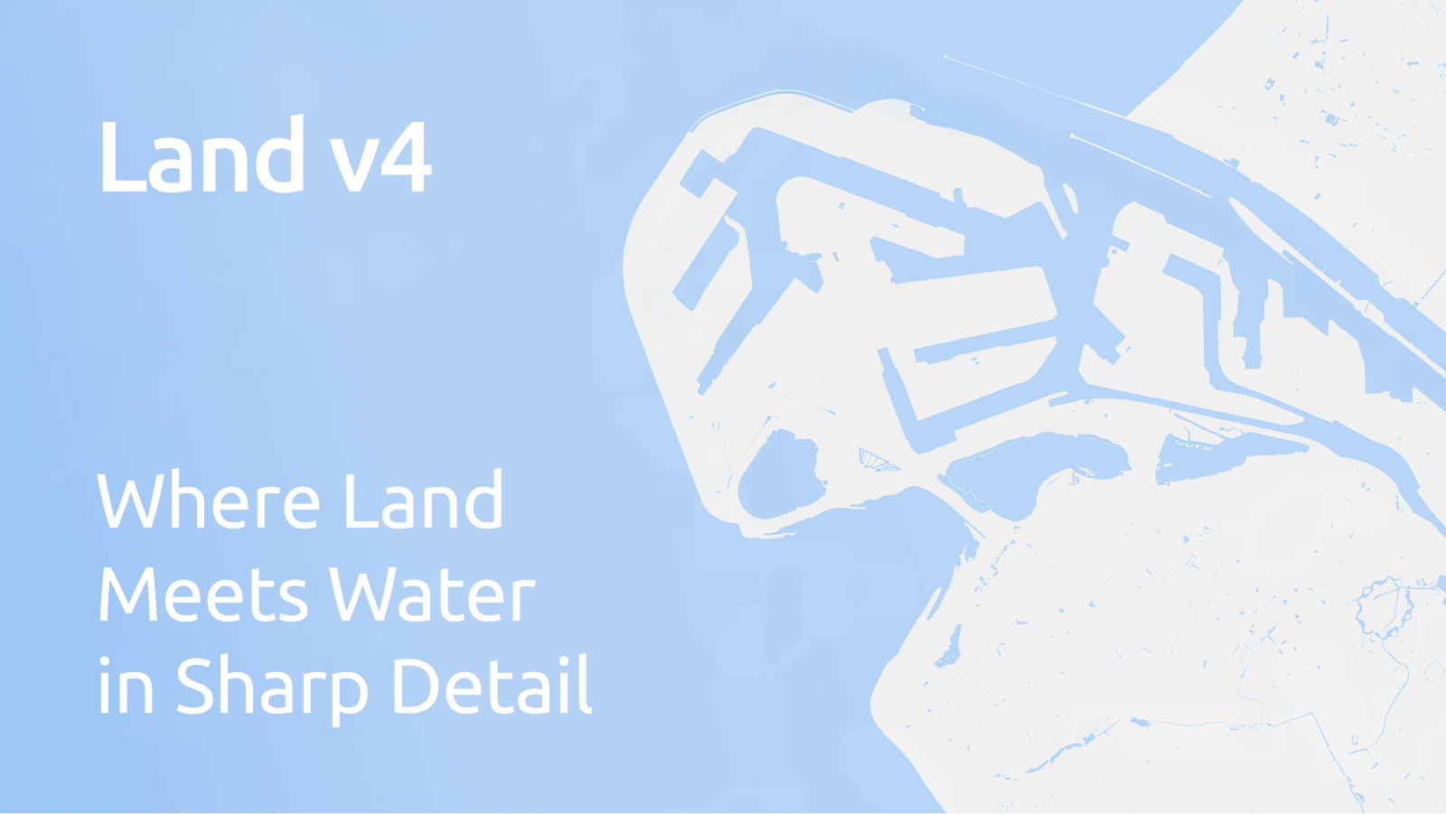 Vector map layer displaying precise land-water boundaries of the Port of Rotterdam using MapTiler Land v4 and Ocean tilesets.
