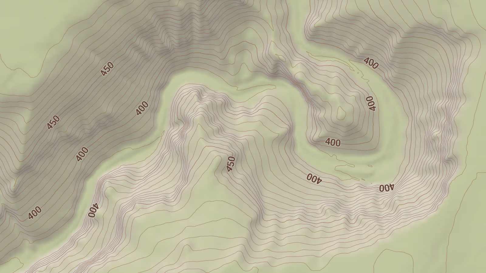 Deep valley with contour lines, contour labels, and hillshading