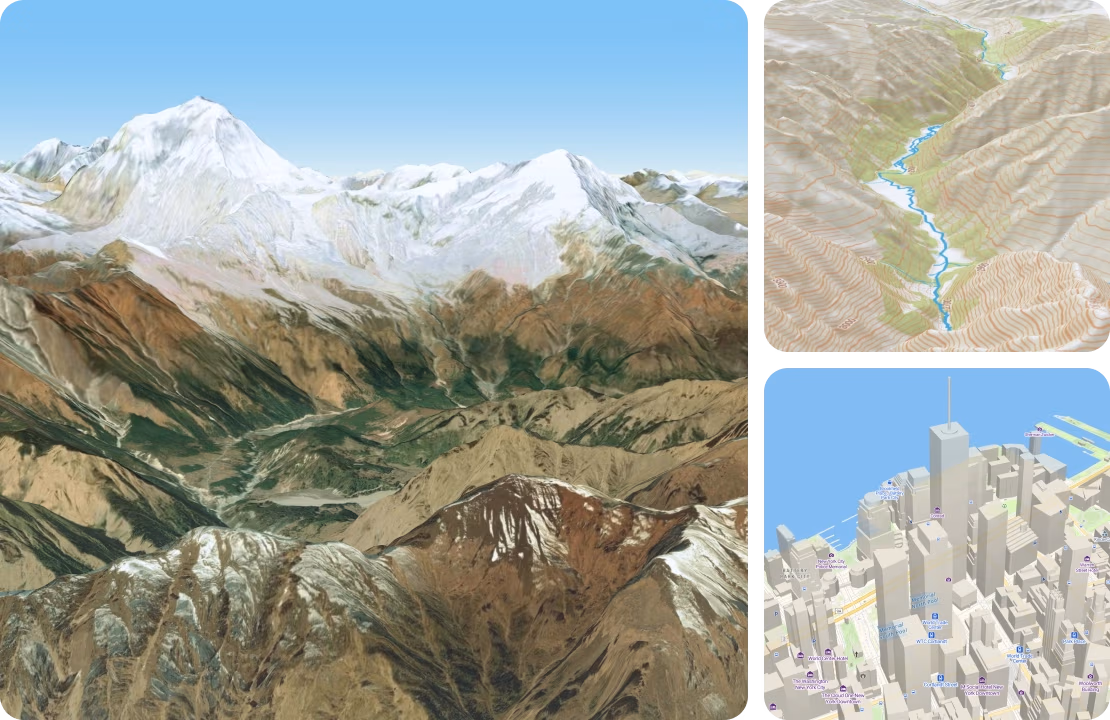 3D maps with satellite, outdoor, and 3D cities