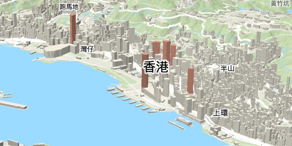 3D buildings highlighted in Hong Kong