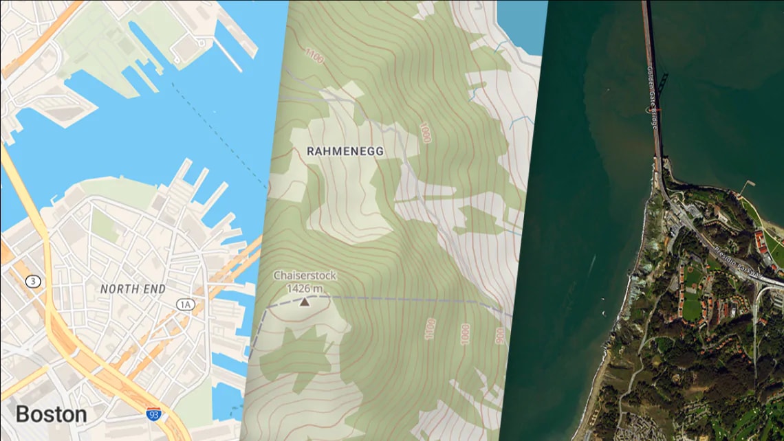 example of MapTiler Streets, MapTiler Outdoor and MapTiler Sattelite